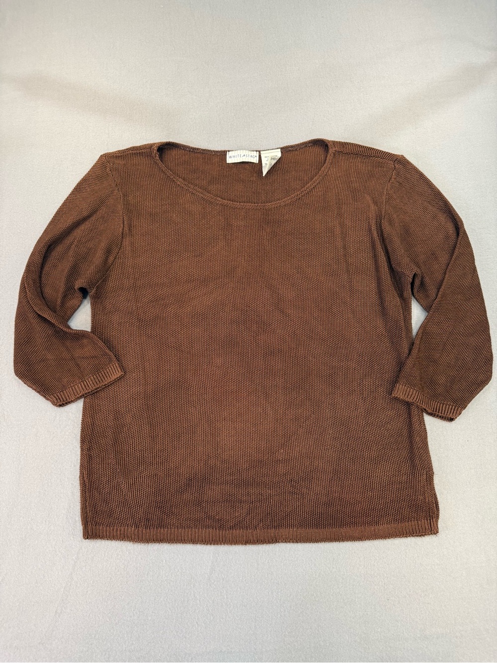 White Stag Coffee Brown Knit Textured Scoop Neck 3/4 Sleeve Top Minimalist Comfy
